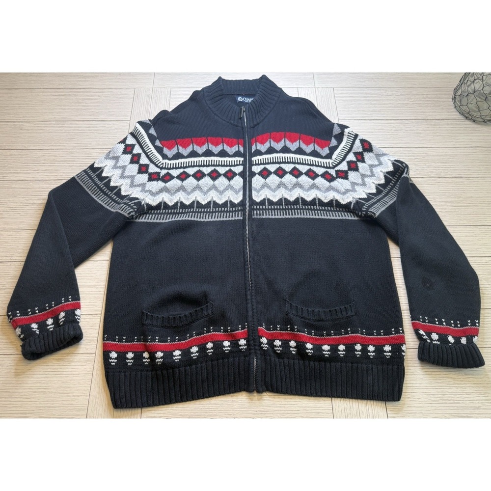 Chaps Men Sweater Black White Red Fair Isle Lodge Cardigan Full Zip Sz XL Retro